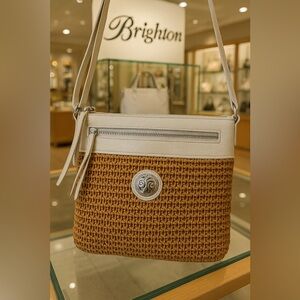 Brighton Straw & Leather Crossbody Bag with Silver Medallion EUC